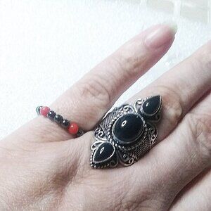 Tranquility! Red Coral & Gray Hematite Beads! S7 Beaded Gemstone Midi Stack Ring